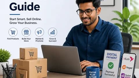 বাংলাদেশে অনলাইন ব্যবসা উদ্যোক্তা ল্যাপটপে কাজ করছেন ডিজিটাল পেমেন্ট আইকনসহ