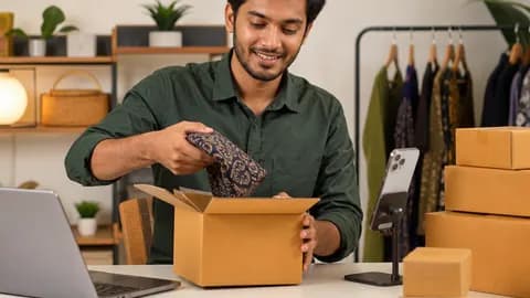বাংলাদেশি উদ্যোক্তা ল্যাপটপে ড্রপশিপিং ব্যবসা পরিচালনা করছেন পার্সেল প্যাকেজিং সহ
