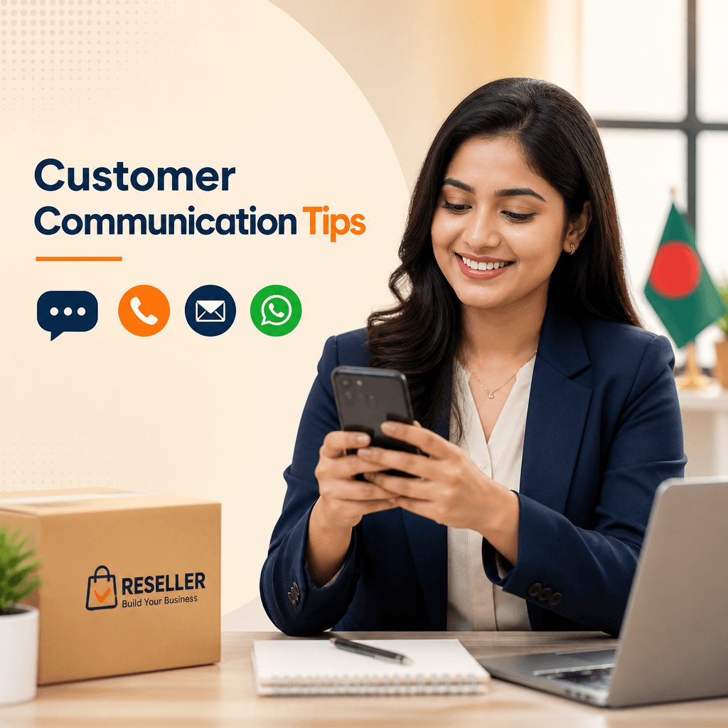 Online customer communication tips for Bangladeshi resellers - professional woman with smartphone